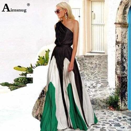 Aimsnug 2020 Women Long Dress Oblique Shoulder Patchwork Colors Print Summer Elegant Maxi Dress Sexy A-line Dresses Robe Femme