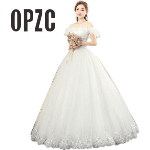 Sexy Korean Lace Up Cheap Ball Gown Wedding Dress 2020 Short Sleeve Boat Neck Off the Shoulder Fashion Simple Customized Bridal
