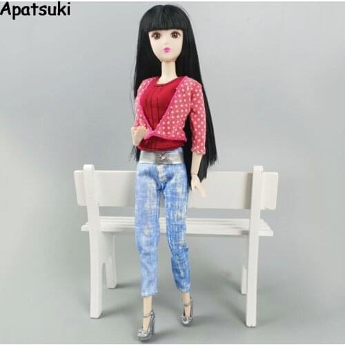 1Set Pink Polka Coat Red Vest Denim Pants Handmade Clothes For Barbie Doll Outfits for 1:6 BJD Doll Dollhouse 1/6 Accessories