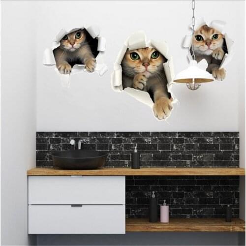 3d Vivid Cat Wall Sticker Bathroom Toilet Living Room Kitchen Decoration Animal Decals Art Sticker Poster