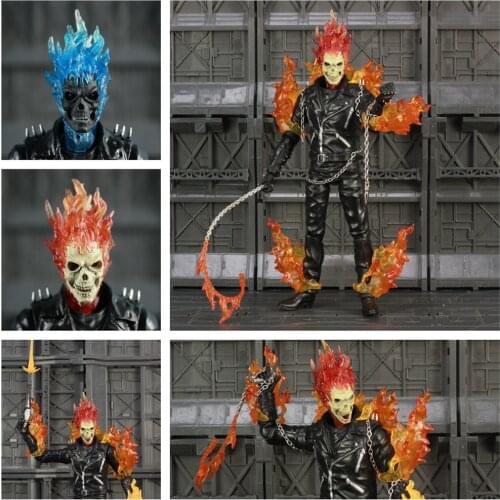 Ghost Rider 8" Action Figure Johnny Blaze Legends With Fire Whip Ball Iron Chain Jacket Blue Head Doll Toys Collectible Model