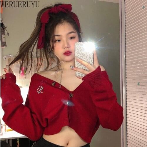 WERUERUYU Womens Cropped Cardigan Sweaters Female Red Short Sweater V Neck Single Breasted Sweater Woman Knitted Cardigan