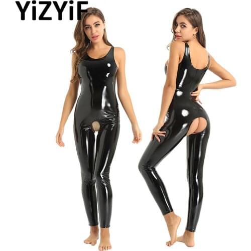 Sexy Womens Bodysuit One-piece Wet Look Patent Leather U Neck Sleeveless Crotchless Catsuit Leotard Romper Jumpsuit Clubwear