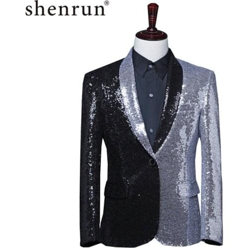 Shenrun Men Black Silver Sequins Suit Jacket Shawl Lapel Fashion Casual Blazers Host Singer Stage Costumes Dancer Groom Jackets