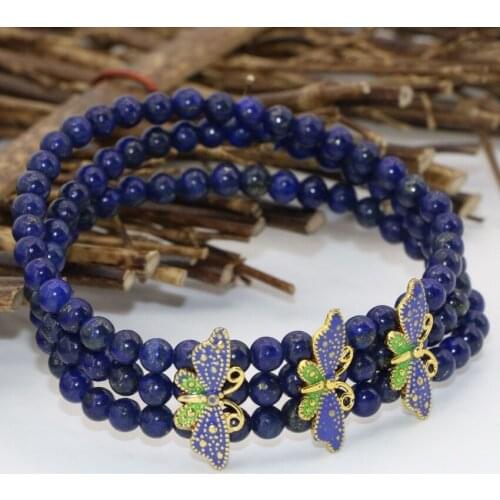 Natural blue lapis lazuli 4mm round beads 3 rows multilayer elastic bracelets high grade gifts cloisonne spacers jewelry B2777