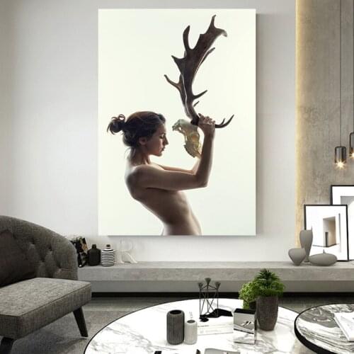 Naked Woman and Deer Bone Mask Abstract Canvas Paintings Home Art Posters and Prints Pictures for Living Room Home Wall Decor