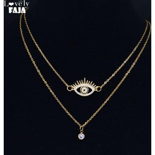 2pcs Stainless Steel Zircon Copper Necklace Chain for Women Islam Turkish Eye Double Layer Necklaces Jewelry gargantilha NC303