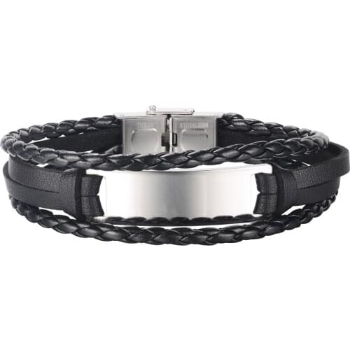Cyue European Men Boy Braided Multi-layer Leather Bracelet Smooth Tag Charm Stainless Steel Button Wristband ZYLB0177