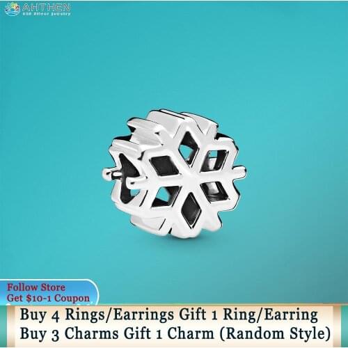 Ahthen 925 Sterling Silver Bead Polished Snowflake Charms fit Original Pandora Bracelets Women Jewelry Making Girl Birthday Gift