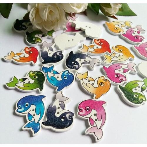50pcs Mixed 2 Holes dolphin Shape Wooden Buttons Sewing Colorful Scrapbooking Decorative Accessories Buttons25x32mm