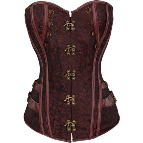 S-6XL Womens Vintage Steampunk Corsets Lace Up Buckled Overbust Corselet Bustiers Black/Brown Plus Size