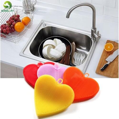 Heart Silicone Dish Washing Brush Fruit Vegetable Scrubber Heat Resistant Pad Silicone Bowl Cleaning Washing Brush Kitchen Tools