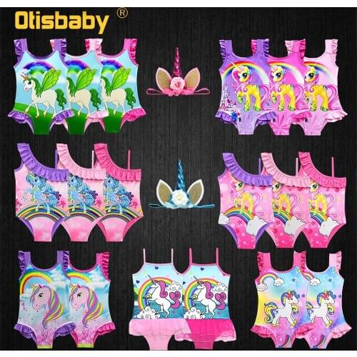 Girls Unicorn Swimsuit One Piece Children Horse Swimwear Kids & Baby Pony Swimsuit Child Bathing Suit Caroon Beach Wear Headband