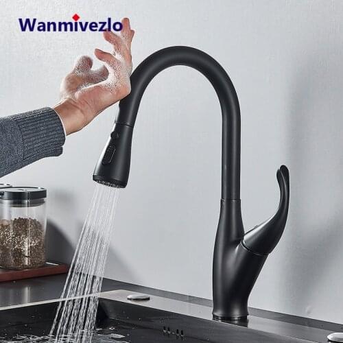 Black Chrome Rubber Kitchen Faucet Mixer Tap Rotation Pull Out Stream Sprayer Taps Hot Cold Water Tap One Handle Kitchen Tap