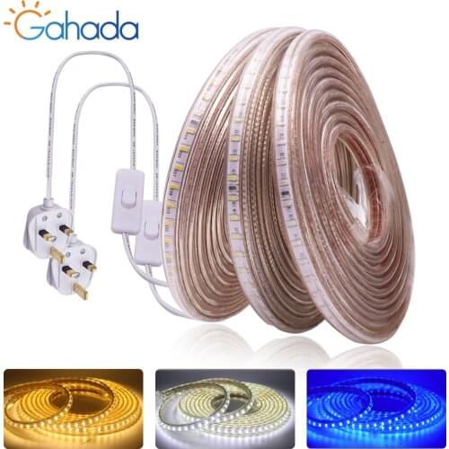 UK 220V LED Strip IP67 Waterproof SMD 120 LEDs/m Ribbon Tape Flexible SMD 3014 LED Light Lamp Outdoor Lighting +Switch Plug