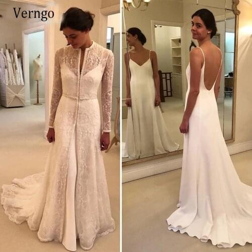 Verngo Vintage Lace Long Sleeves Two Pieces Wedding Dress With Detachable Coat Beaded Pearls Blush Train Bridal Wedding Gowns