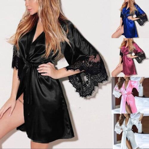 Women Sexy Nightwear Plus Size M-Xxxl Lace Stitching Black Nightgown Sleepwear Dress G-String Sexy Lingerie Robe Bathrobe