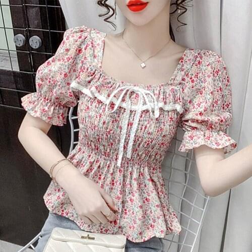 2021 Women Sweet Floral Print Blouse Fashion Square Collar Puff Sleeve Chiffon Shirt Summer New Pleated Shirts for Women L551