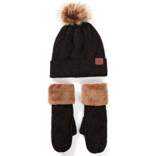 Women Winter Pompom Beanie Hat Gloves Set 2 Piece Thick Faux Fleece Lined Warm Cable Knit Cuffed Skull Cap Windproof Mittens