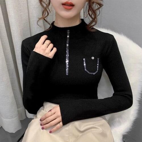Woman Sweaters Rhinestone Fall/Winter Slim Top Black Knitted Womens Long Sleeves Inner Wear Sweater