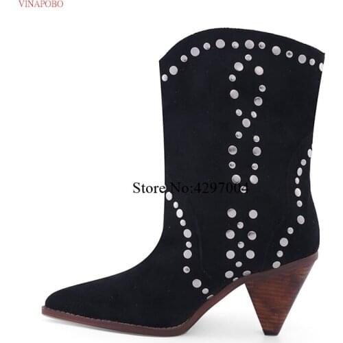 New Black Real Suede Studded Ankle Boots Women luxury Pointed toe Slip on Spike Wedge High Heels Short Boots Winter Shoes Woman
