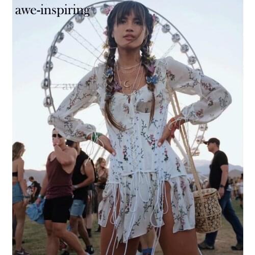 Awe-inspiring Ruffle Dresses V neck Lacing up Bandage Lace Waist Floral Dress BOHO Women Tie Bow Long sleeve Sexy Femme Vestidos