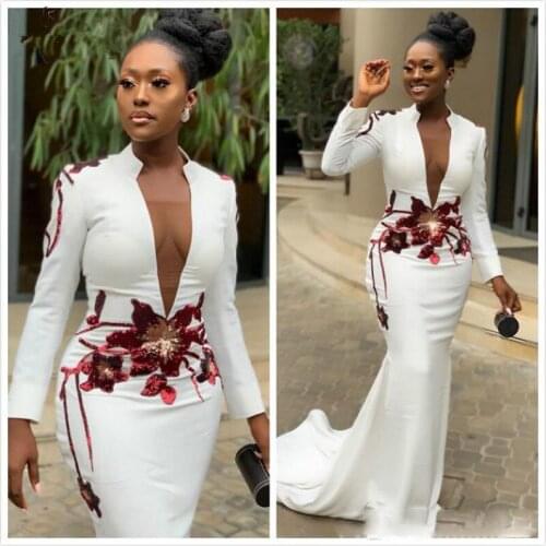 2020 White Mermaid Sexy African Evening Dress Long Sleeves Embroidery Appliques Mermaid Prom Dresses Dage Elegant Formal Dresses
