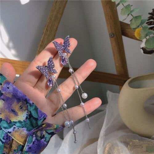 1 Pair Fashion Shiny Butterfly Rhinestone Drop Dangle Earrings Women Elegant Long Pearl Tassel Chain Pendant Party Jewelry