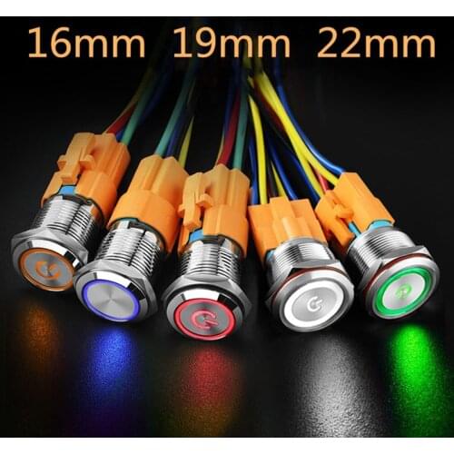 16 19 22MM flat small metal button waterproof switch self-resetting self-locking ring symbol power light