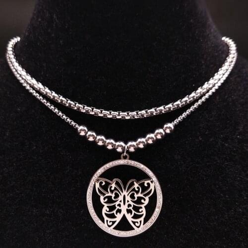 2021 Fashion Butterfly Crystal Stainless Steel Choker Necklace Women Silver Color Layered Chain Necklace Jewelry joyas N18466S05