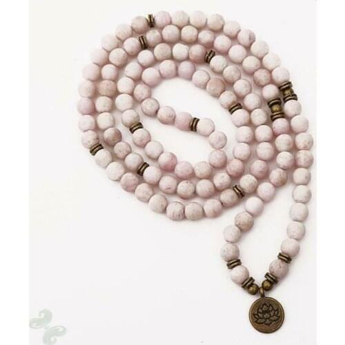 6mm Pink Jade Stone 108 Beads Lotus Pendant Bracelet Reiki Cuff Handmade Lucky Unisex