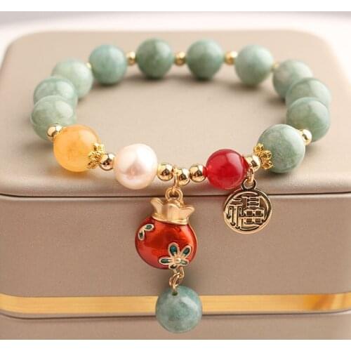 2021 Chinese style glazed bead color ethnic style stone bracelet present metal gourd pendant bracelet for women