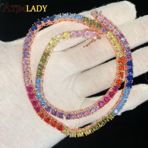 Summer New 5mm Rose Gold Color Rainbow CZ Tennis Chain Choker Necklace Colorful Cubic Zirconia Women Fashion Jewelry 16" 18"