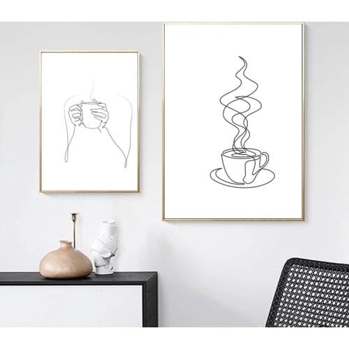 Retro Black White Coffee Cup Line Drawing Canvas Painting Poster Print Modern Minimalist Wall Art picturtes Cafe Kitchen Decor