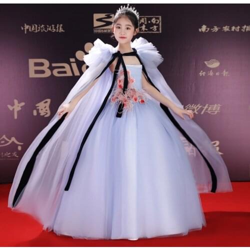 Flower Girl Dresses Illusion Sleeveless Tulle Lace Appliques Embroidery Princess Floor-Length Light Blue Kids Party Gown H572