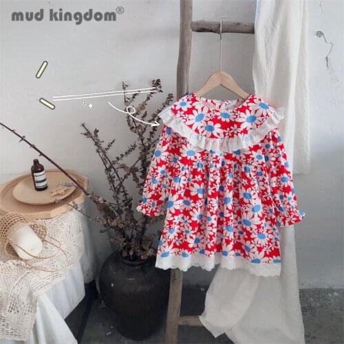 Mudkingdom Girl Floral Dress Turn-down Collar Lace Long Sleeve Cute Princess Dresses for Girls Spring Autumn Loose Kids Clothes