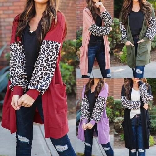 Women Fashion Leopard Turn-Down Collar Patchwork Long Sleeve Outwear Cardigan Female Ladies Pocket Jacket Streetwear