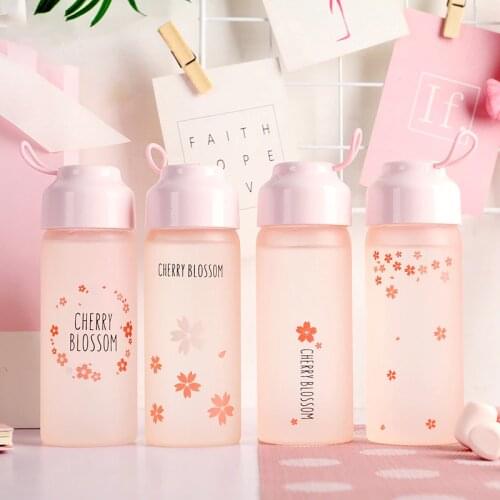 Sakura Travel Bottle Pink Flower Portable Glass Water Bottle With Rope Temperature sensing Creative Handy Water Cups Drinkware