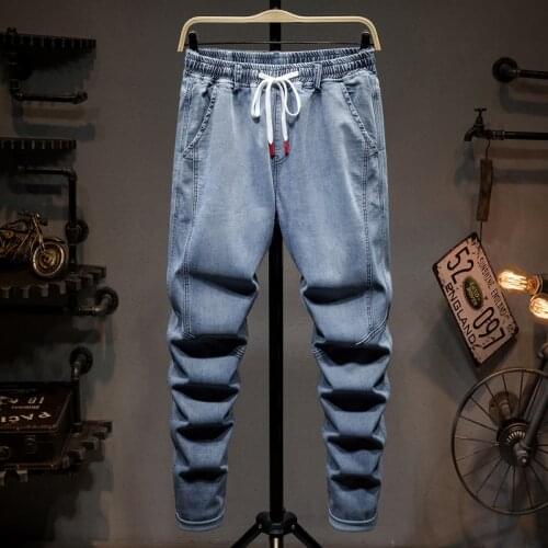 7XL 6XL 5XL Plus Size Mens Fashion Jeans Summer Loose Harem Pants Light Blue Drawstring Elasticity Washed Denim Trousers Brand