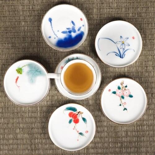 Guofeng hand painted ceramic coaster gold white porcelain saucer heat insulation coaster home kungfu tea set tea ceremony