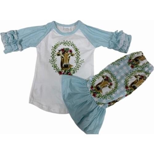 Girls farm winter clothing set kids 2 piece caw floral outfit bell bottom pant with icing shirt 66