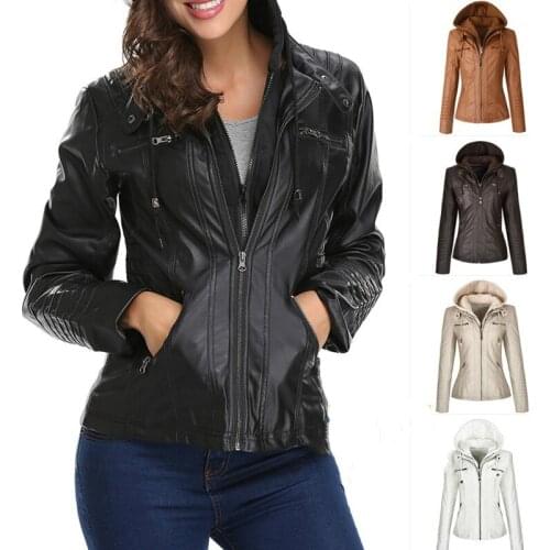 Women PU Leather Hooded Jacket Coat Autumn Winter Outwear Slim Double Zipper Coats Fashion Solid Windbreaker Warm Motor Jackets