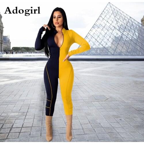 Patchwork Color Front Zipper O-Neck Long Sleeve Jumpsuits Casual Fashion Skinny Rompers Sexy One Piece Outfits Plus Size S-XXL