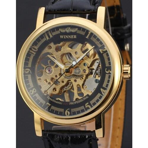 50pcs/lot winner-D154 high quality mechanical watch leather watch super skeleton winner watch hollow out casual men watch