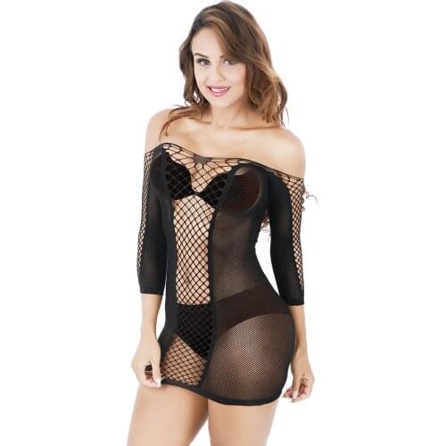 Top Fashion Italy New Popular Hot Sale Sexy Short Skirt Conjoined Net Buttock Skirt Mesh Hollow Seductive Long Sleeve