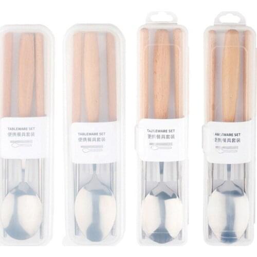 Chopsticks Spoon Set Japanese Style Wooden Handle Stainless Steel Spoon Chopsticks Travel Tableware Set