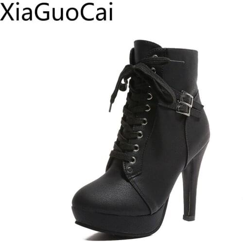 Newest Platform Womens Boots British Style Cross Straps Female Martin Boots Fashion Thin High Heel Shoes Belt Buckle Pumps