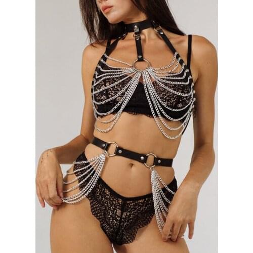 TRODEAM Leather Harness Chain Belts Women Chest Harness Cage Gothic Punk Bondage Body Straps Sexy Suspenders Garter Stockings