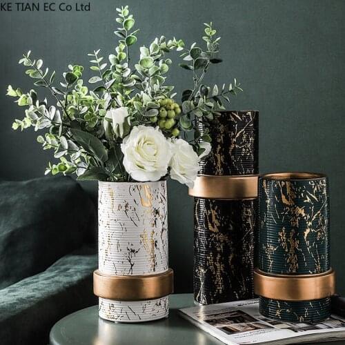 Vintage Marbled Ceramic Vase Cylindrical Dried Flower Simulation Flower Countertop Vase Home Accessories Living Room Decoration