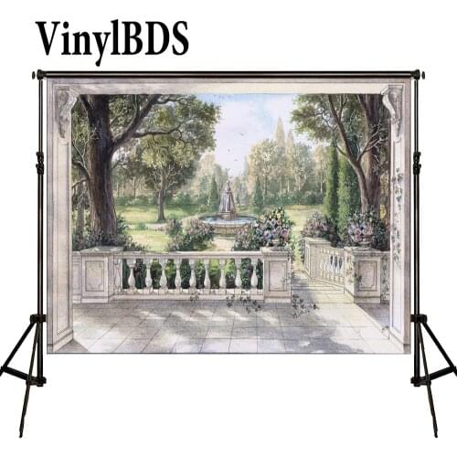 VinylBDS 5x7ft Spring Garden Background Retro Fountain White Railing Backdrop European Style Oil Painting Background for Studio